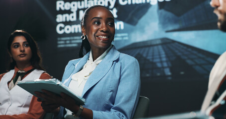 Business woman, team and seminar with tablet at summit for market research or competitive analysis....