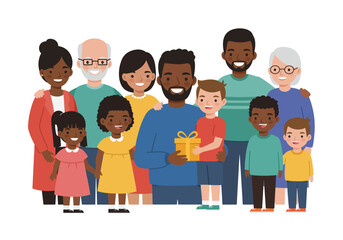 A multigenerational diverse family stands together smiling and posing with a wrapped gift in a cartoonstyle illustration