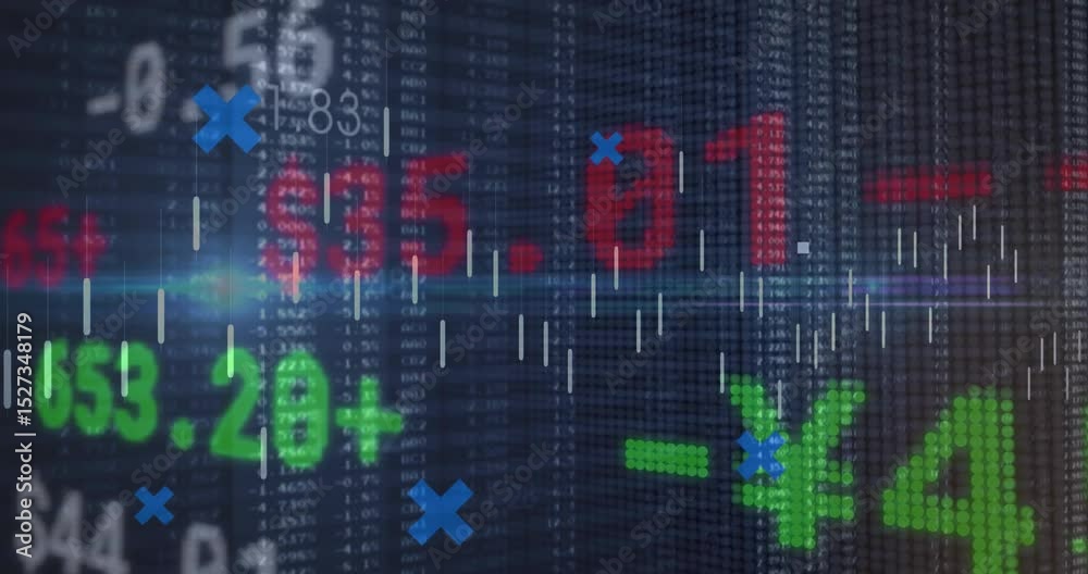 Poster bars rising and digits scrolling initiating graphs crossing, line tracing visualizing data changes