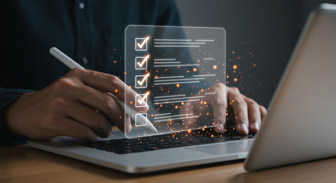 Person using a stylus on a laptop with a digital checklist overlay with checkmarks and lines shown