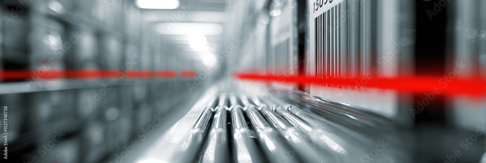 Poster Blurred View of Failed Barcode Scanner Showing Red Line in Warehouse During Inventory Check