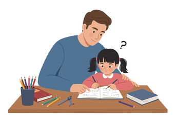 Vector Father helps daughter with math homework at a desk with books pencils and a math workbook