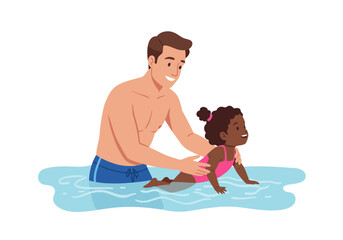 Vector Father in water helping a girl in a pink swimsuit learn to swim