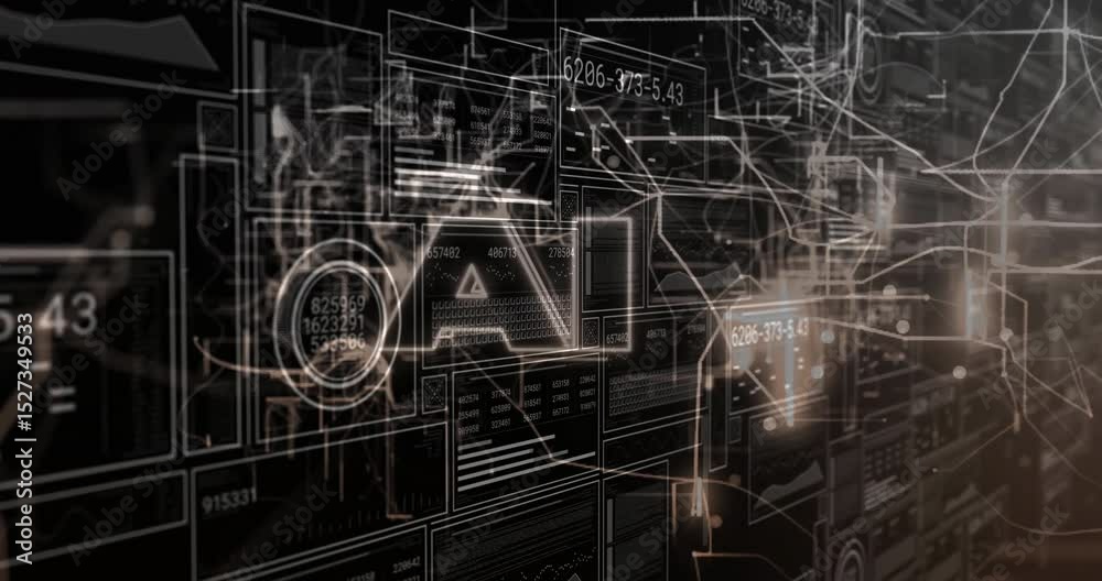 Poster emerging grid showing data readouts, nodes pulsing, outlines forming ai logo visualizing flow