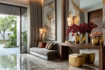 Elegant Modern Space with Glass Doors and Soft Curtains Showcasing Luxury Interior Design