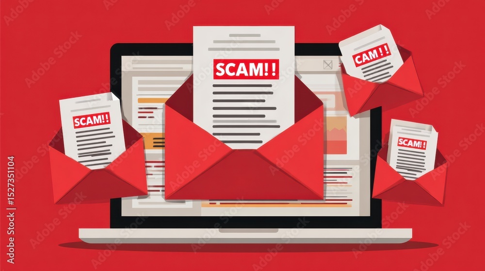 Poster Scam Messages Fill Email Inbox With Urgent Alerts on a Clean Workspace Computer Display