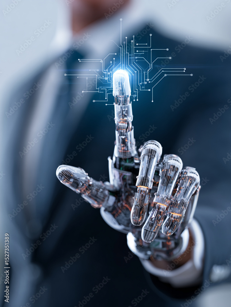 Poster a robotic hand touching a digital interface with a man in a suit blurred in the background image vie