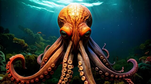 An octopus with long tentacles is swimming near the seafloor amongst coral reef formations in deep ocean water.