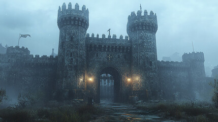 majestic castle gate with raised drawbridge and flanking towers, shrouded in mist