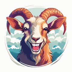 A wild and goofy goat with exaggerated grin and curled horns, bursting with personality—ideal for quirky, eye-catching t-shirt art.