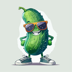 A funny pickle character in cool sneakers and sunglasses, striking a cheeky pose—perfect for playful t-shirt prints