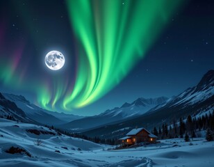 Fototapeta premium futuristic moonbow against northern lights backdrop, subject on left under backlit, with ample copy space on right.