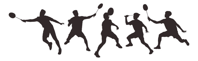 set of silhouettes of athletes or male badminton players. isolated on white background. graphic vector illustration