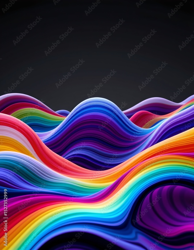 Poster abstract colorful waves on black background with subject positioned at the bottom, 3d rendering of p