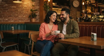 Fototapeta premium Smiling couple sharing coffee together at a cozy café table