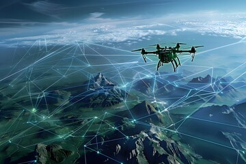 Naklejka premium AI drone flying over a digital Earth landscape, scanning terrain with laser grids, futuristic environmental monitoring 