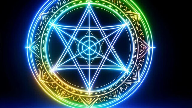 Glowing neon hexagram symbol spinning over dark background. Ritual circle with esoteric symbols in vibrant rainbow colors animation.