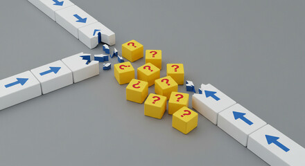 White blocks with blue arrows splitting around yellow question mark blocks on a gray surface concept