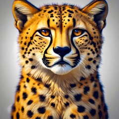 Obraz premium A cheetah with striking orange eyes and prominent tear marks looking directly at the viewer against a plain background