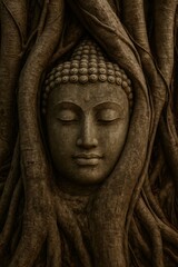 Fototapeta premium Stone buddha face surrounded by tree roots with closed eyes in a peaceful and serene setting