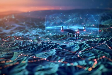 AI drone flying over a digital Earth landscape, scanning terrain with laser grids, futuristic environmental monitoring

