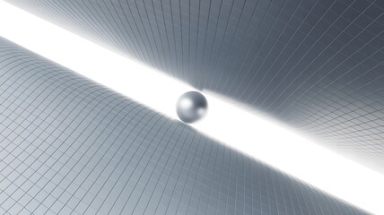 A silver sphere rests between two curving, gridded metallic surfaces, creating a sense of balance and tension.