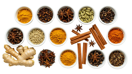 Assortment of spices in bowls isolated on transparent background