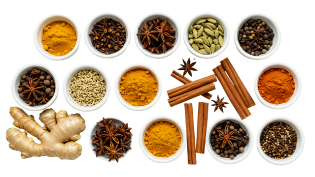 Assortment of spices in bowls isolated on transparent background