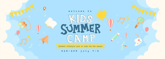 Cute and colorful kids summer camp banner with cartoon icons of outdoor activities and fun learning theme