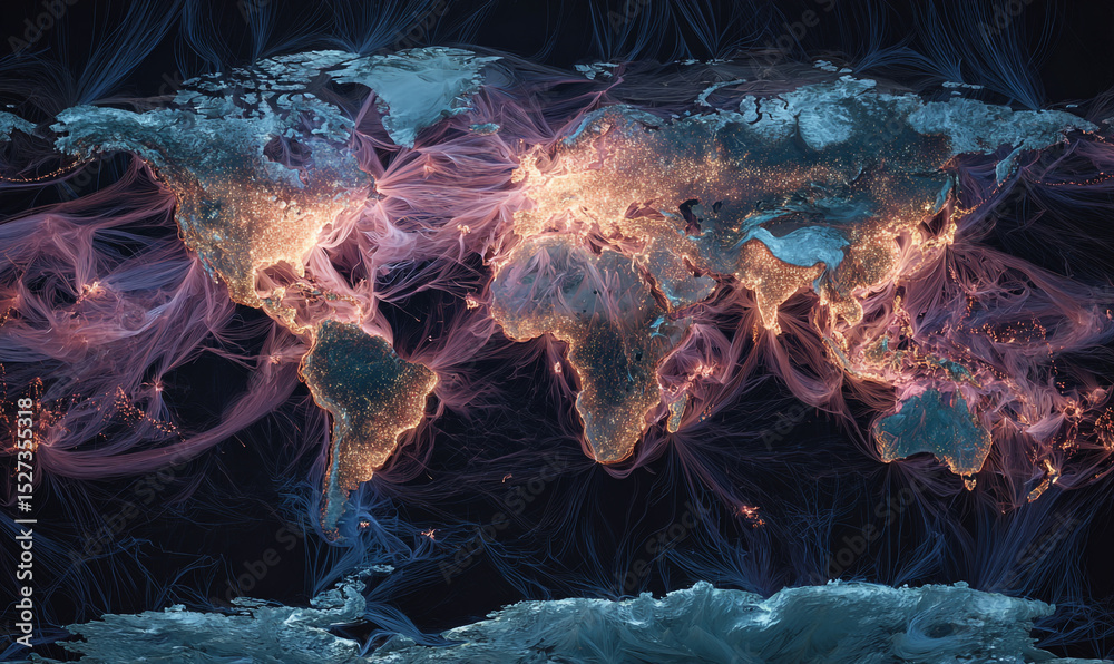 Poster abstract world map with glowing continents and interconnected network lines in a dark background