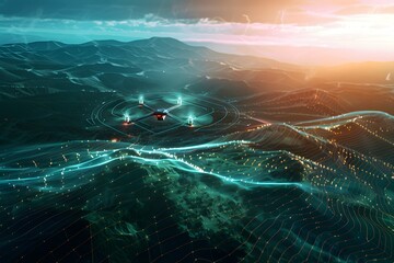 AI drone flying over a digital Earth landscape, scanning terrain with laser grids, futuristic environmental monitoring
