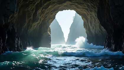 Ocean Waves Crashing Through Rocky Cave Opening Under Bright Sunlight