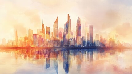 Obraz premium Stunning Abstract Cityscape at Dusk with Reflective Waterscape Capturing the Beauty of Urban Architecture in a Dreamlike Color Palette