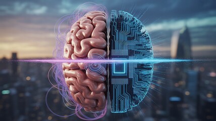 Human brain merges with AI circuitry, symbolizing artificial intelligence and technological advancement.
