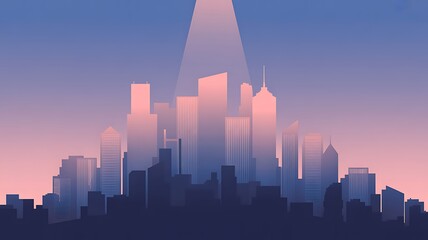 A stylized cityscape at dawn, bathed in soft pink and purple hues, with a beam of light illuminating the scene.