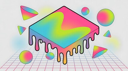 Abstract 80s retro design with dripping cube and vibrant gradient geometric shapes.