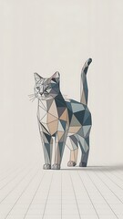 A low-poly cat stands in a gridded room, showcasing a unique geometric art style.