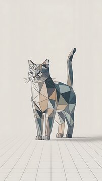 A low-poly cat stands in a gridded room, showcasing a unique geometric art style.