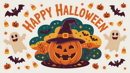 Happy Halloween! A cheerful pumpkin wearing a witch's hat surrounded by ghosts, bats, and candy corn.