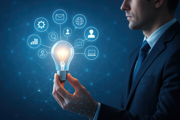 Light bulb and business digital marketing innovation technology icons and ideas