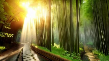 Stone paved path through bamboo forest illuminated by sun rays creating peaceful scene, natural outdoor environment, green colors and tranquil atmosphere - Powered by Adobe