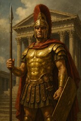 A roman soldier in golden armor with a spear standing in front of a classical building and red cape