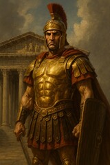 A portrait of a roman legionary in golden armor standing before a classical building structure art