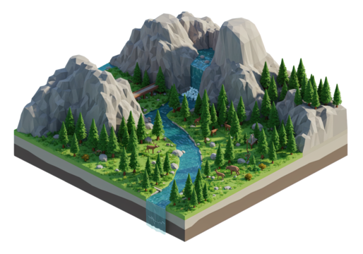 Serene Low Poly Mountain Landscape: A Tranquil River Valley Ecosystem with Towering Peaks, Lush Forests, and Majestic Deer in a Harmonious Natural Habitat, Rendered in Detailed Isometric Perspective