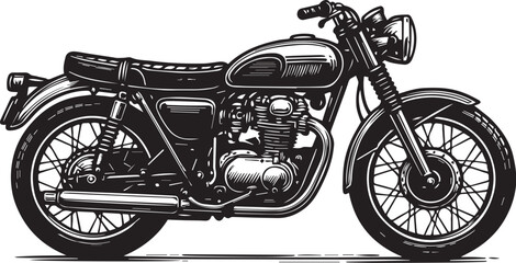 "A vintage motorcycle in black and white vector style, isolated on white background, detailed line art."