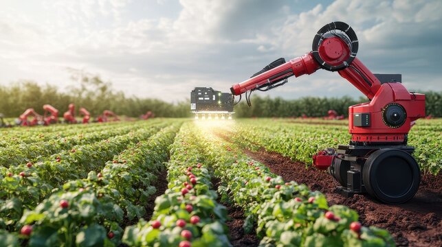 machine vision system detecting ripe crops and directing robotic harvesters, optimizing harvest timing for maximum freshness.