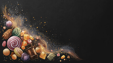Dynamic Candy Explosion with Swirling Golden Magic and Colorful Confections
