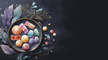 Elegant Artisanal Chocolates and Gemstones Collection in Gold-Rimmed Bowl with Decorative Feathers