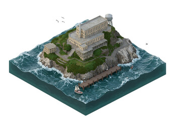 Isometric View of Alcatraz Island: A Detailed 3D Render Capturing the Historic Prison and its...