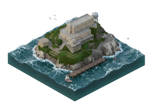 Isometric View of Alcatraz Island: A Detailed 3D Render Capturing the Historic Prison and its Coastal Environment, complete with Seagulls, Boats, and Atmospheric Ocean Effects for Architectural Visual